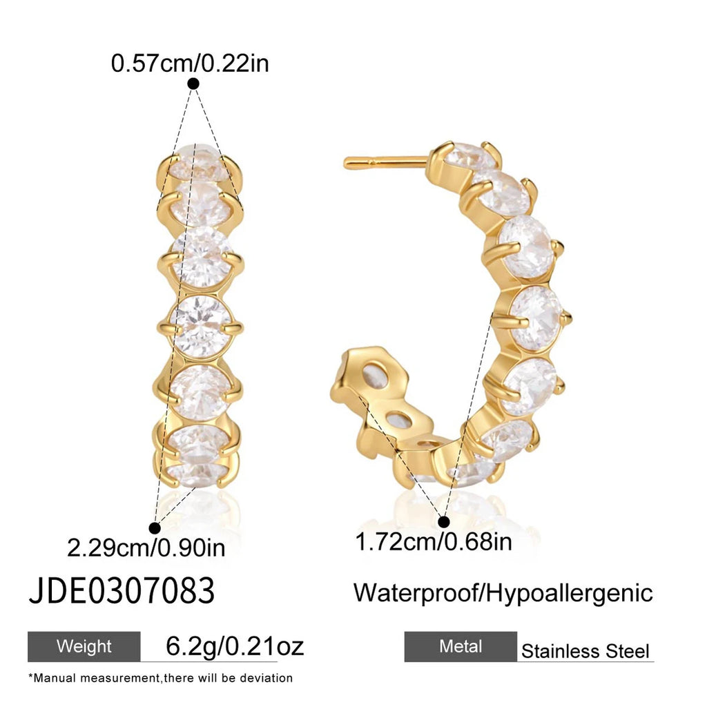 Kika Iced Out Geometric Zircon C Shape Stud Earrings 18K Gold Plated Stainless Steel 316L