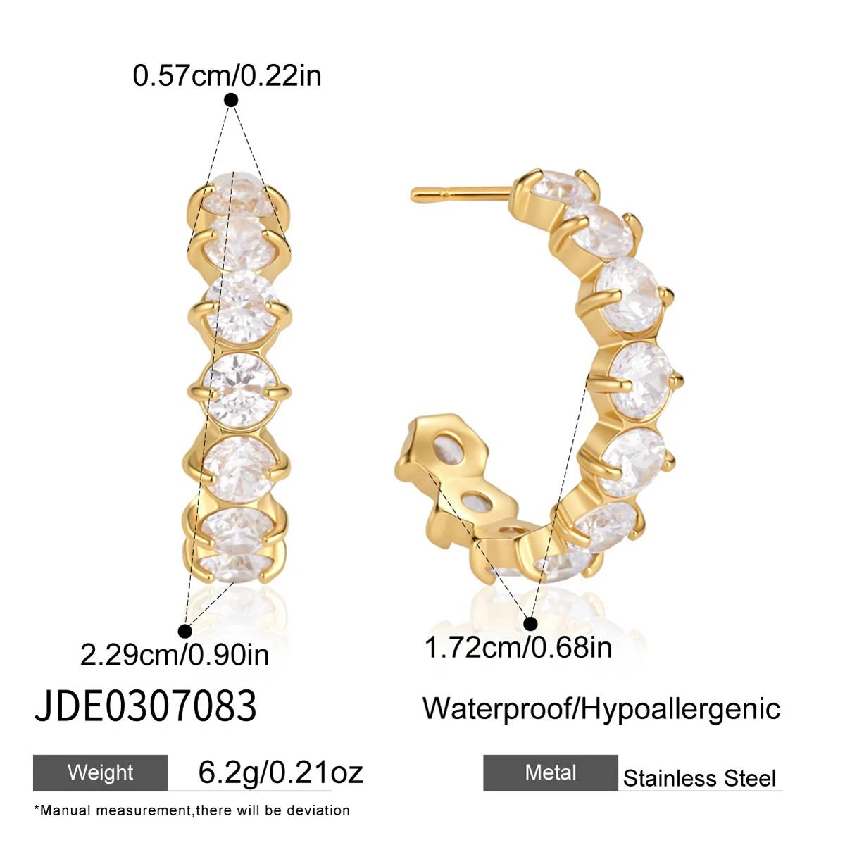 Kika Iced Out Geometric Zircon C Shape Stud Earrings 18K Gold Plated Stainless Steel 316L