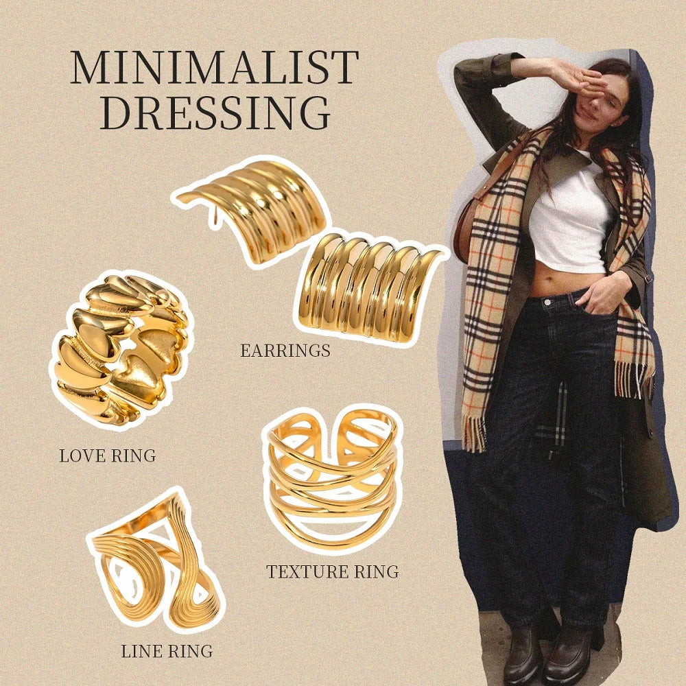 Kika 5PCS Textured Earrings Heart-Shaped Linear Stacked Rings Gold Color Clothing Matching