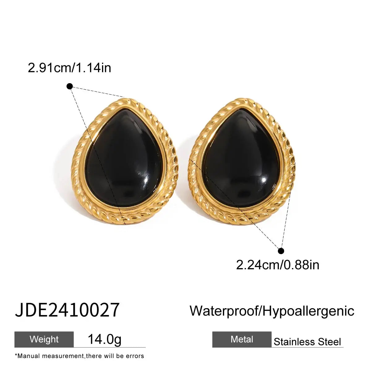 Black Stone Earrings Statement Golden Metal
