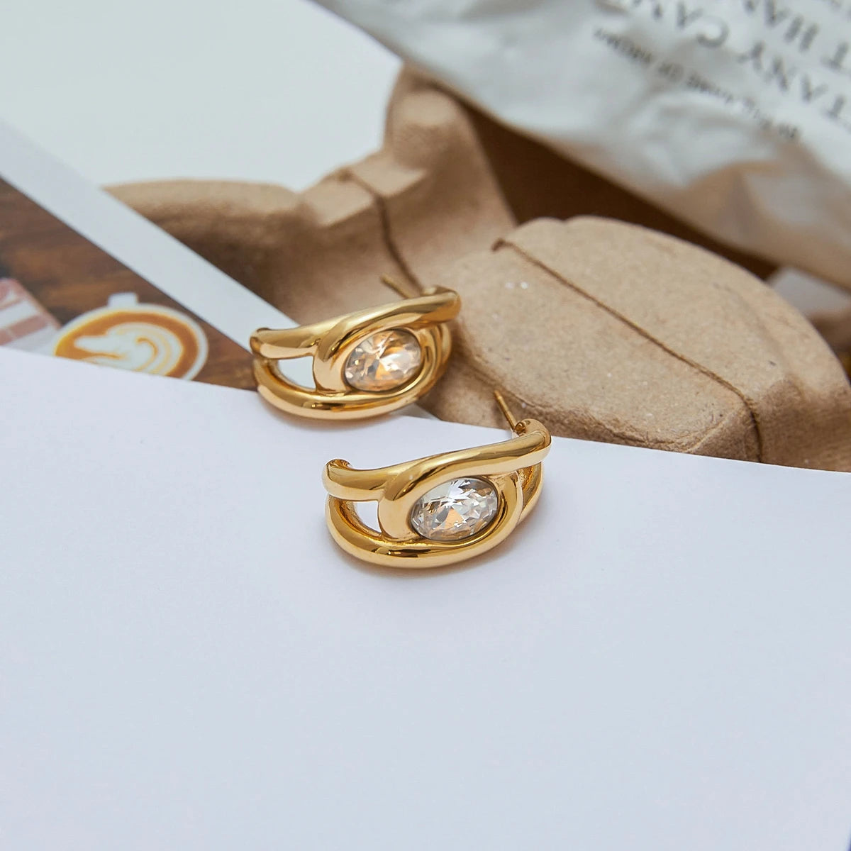 KIKA Minimalist White Zircon C-shaped Earrings 18K Gold Color PVD Plated Stainless Steel 316L Round Earrings