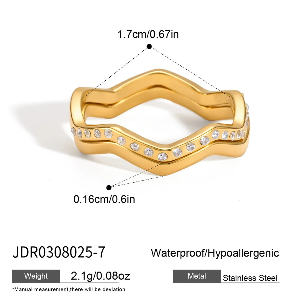 KIKA 2 Pcs/Set Zircon Wave Shape Rings For Women Minimalist 18K Gold PVD Plated Stainless Steel Rings Fashion Jewelry Gift
