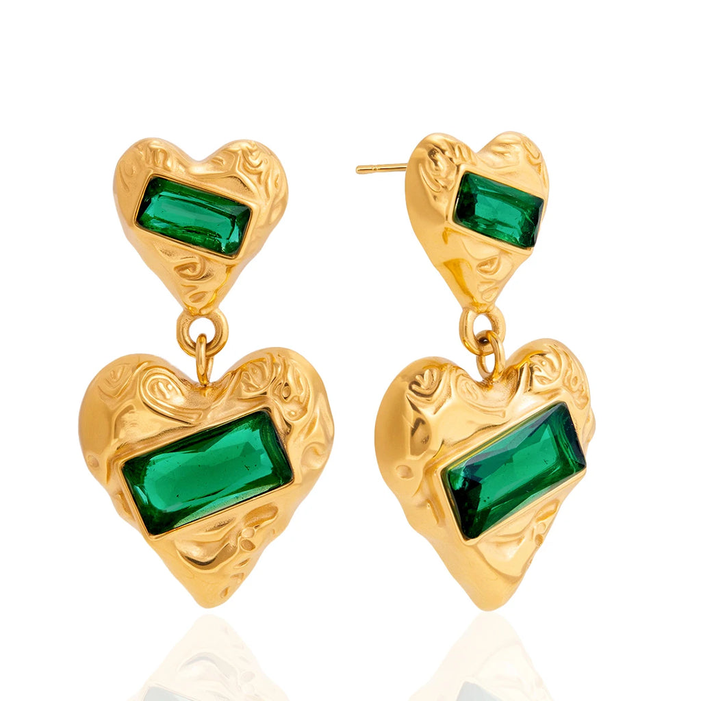 Vintage Square Green Zircon Heart Shape Pendant Earrings