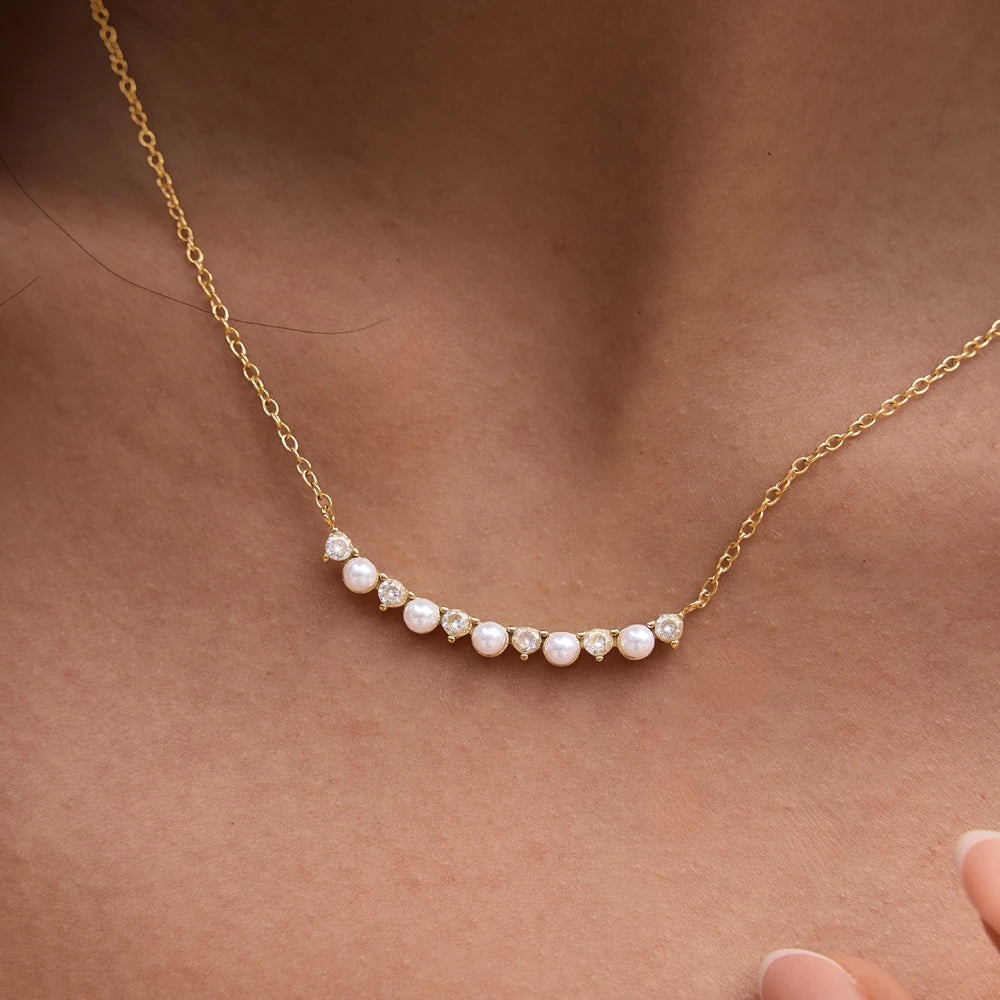 Kika Elegant Zircon Imitation Pearl Smile Shape Pendant Necklace PVD Plated Stainless Steel 316L