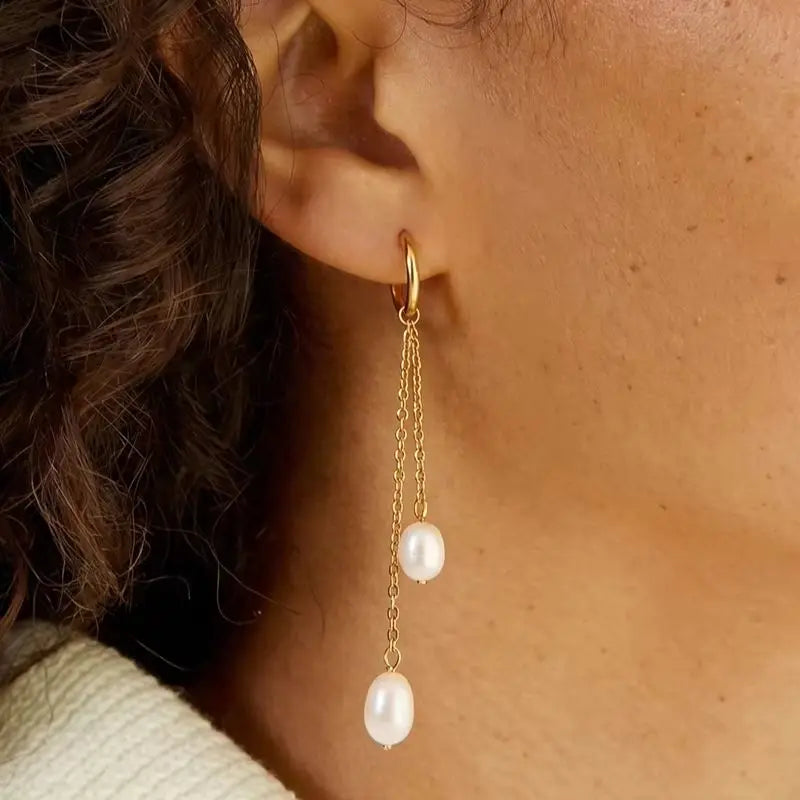 KIKA Elegant Freshwater Pearl Drop Earrings  PVD Plated Stainless Steel 316L