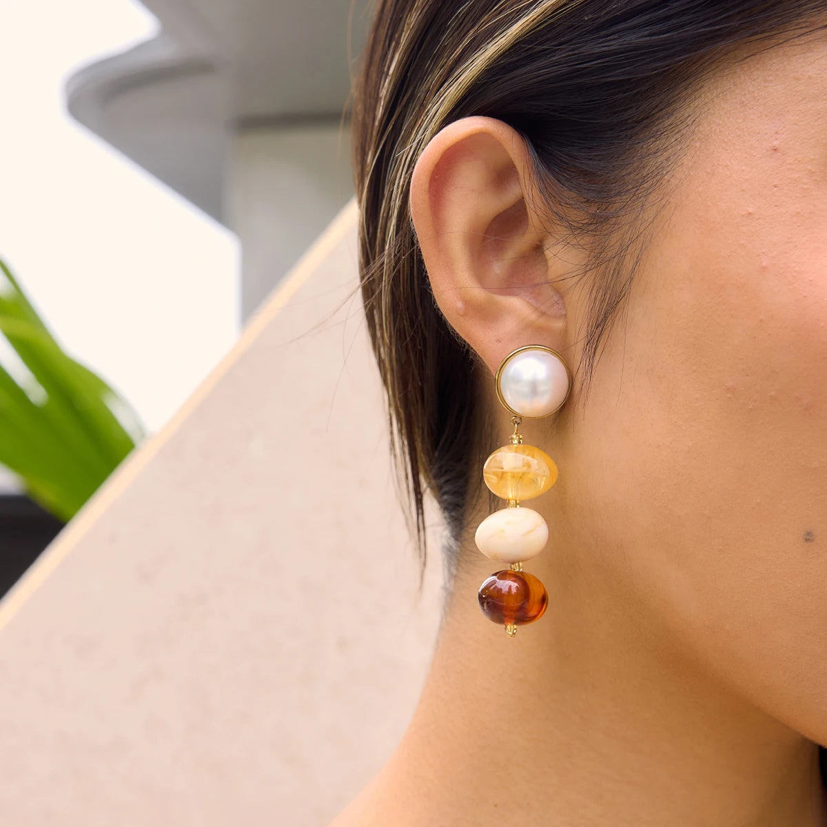 Kika Delicatecolored Brown Series Dyed Resin Glass Pearl Tassel Earrings