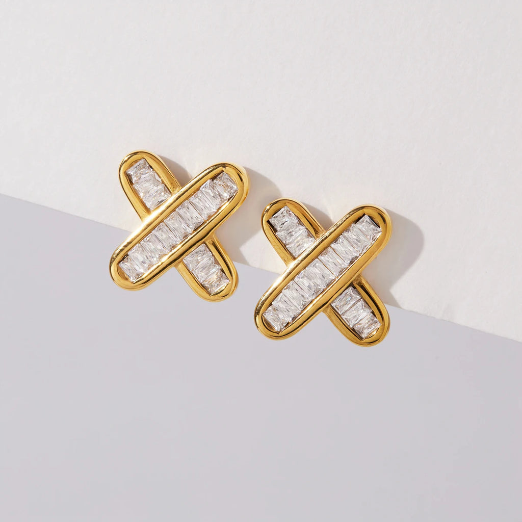 KIKA Delicate Iced Out Zircon Crossed Stud Earrings For Women 18K Gold Plated Stainless Steel Earrings Fashion Jewelry Gift