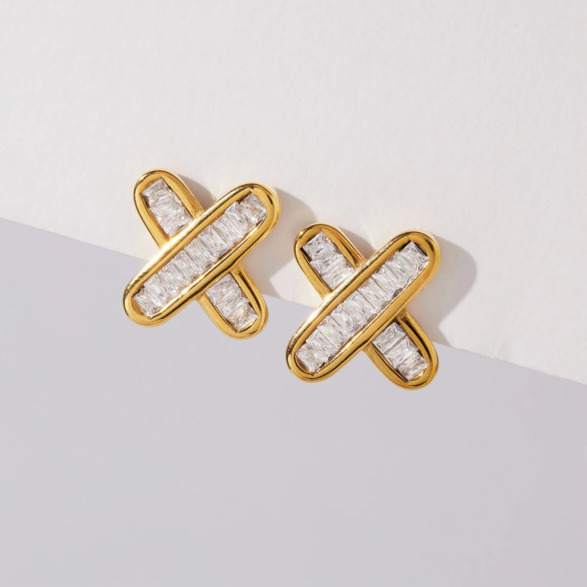 KIKA Delicate Iced Out Zircon Crossed Stud Earrings For Women 18K Gold Plated Stainless Steel Earrings Fashion Jewelry Gift