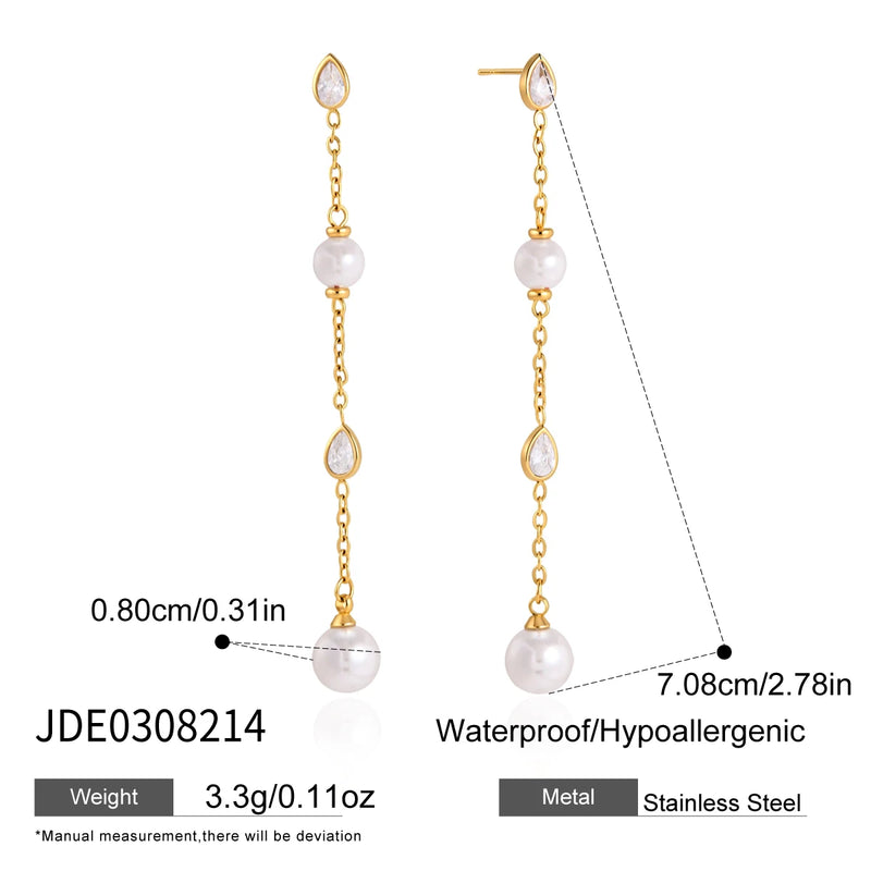 KIKA Water Drop Zircon Imitation Pearl Earrings For Women 18K Gold PVD Plated Stainless Steel Tassel Earrings Fashion Jewelry