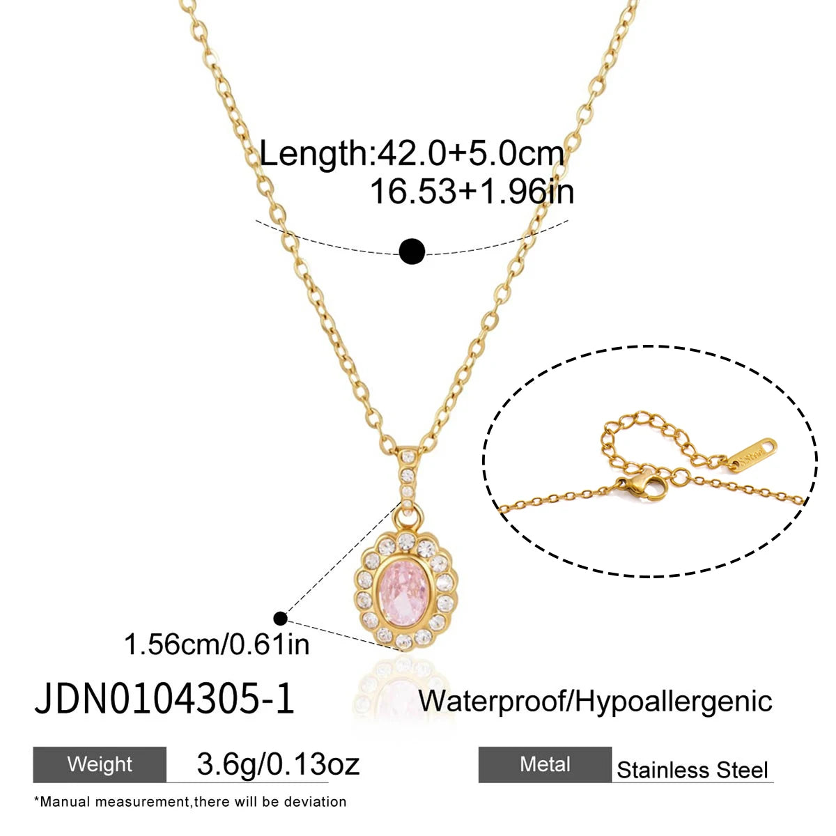 KIKA White Pink Zircon Pendant Necklace PVD Plated Stainless Steel 316L