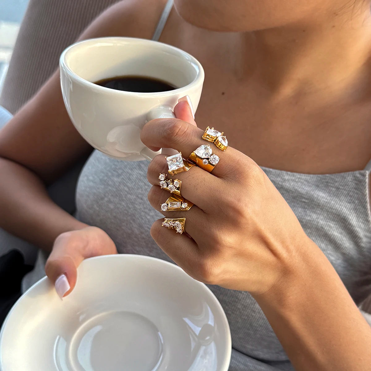 KIKA Classic Geometric Zircon Open Rings  18K Gold PVD Plated Stainless Steel 316L