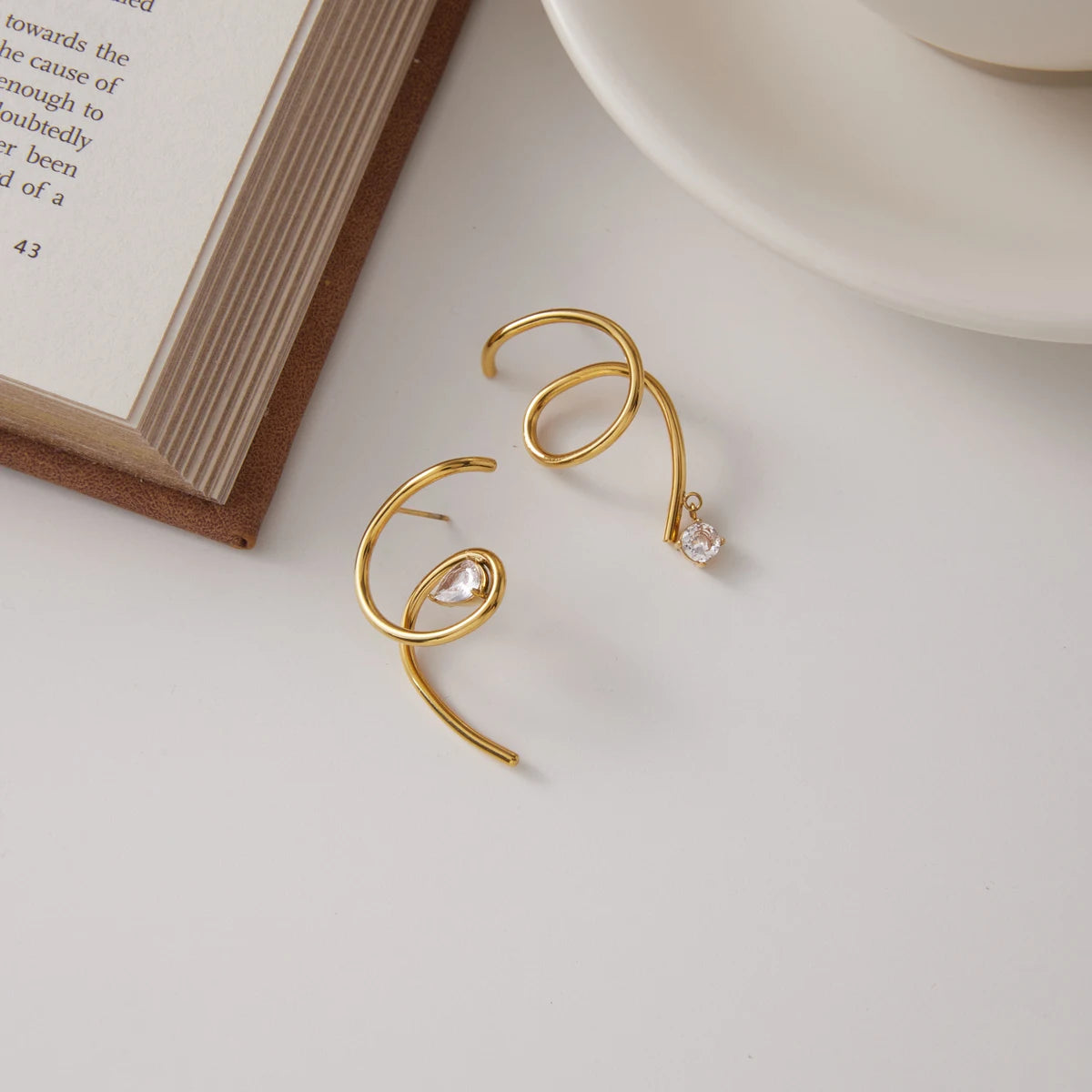 Kika Asymmetric Water Drop Round Zircon Spiral Stud Earrings