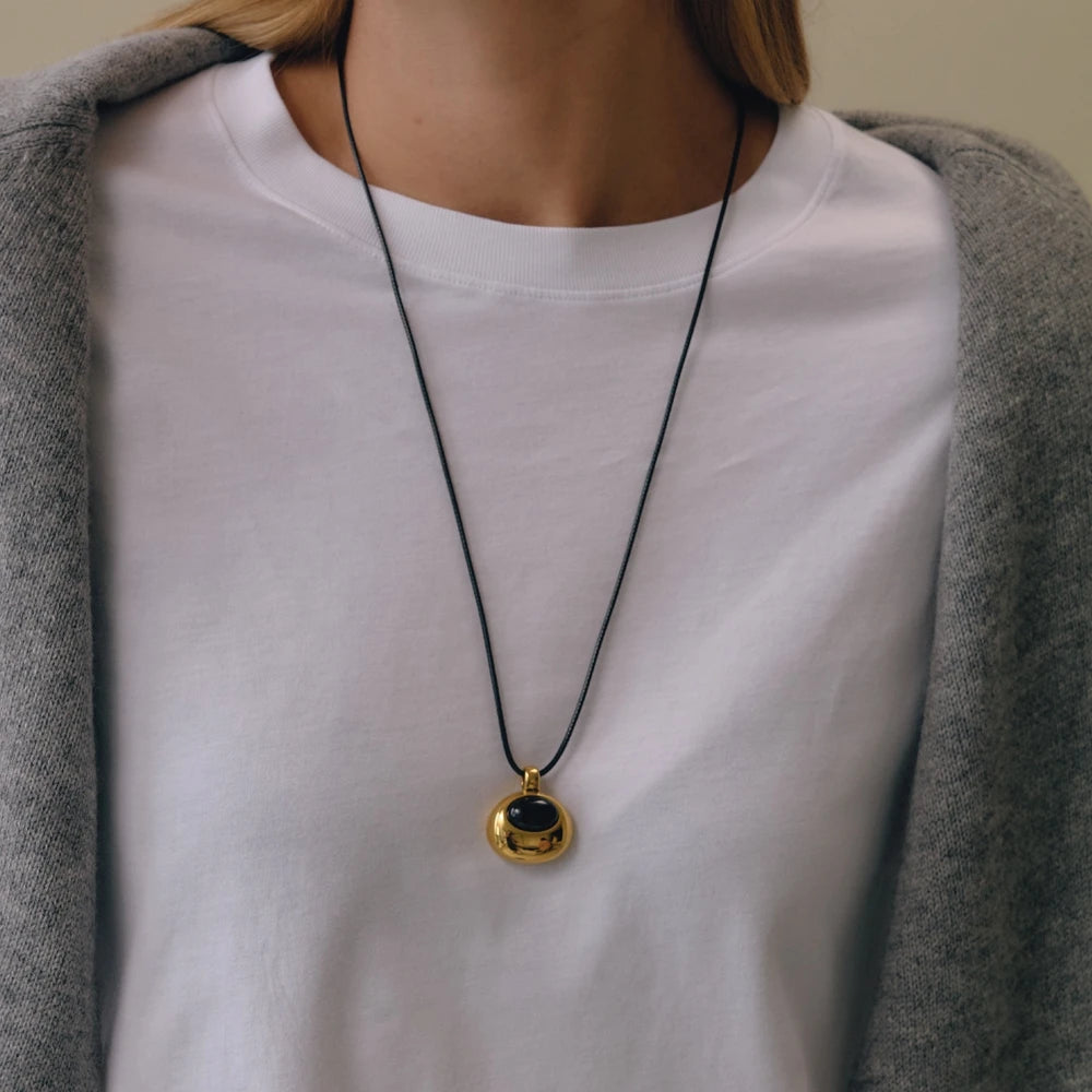 KIKA Black Agate Stone Pendant Long Rope Chain Necklace For Women 18K Gold PVD Plated Stainless Steel Necklace Fashion Jewelry