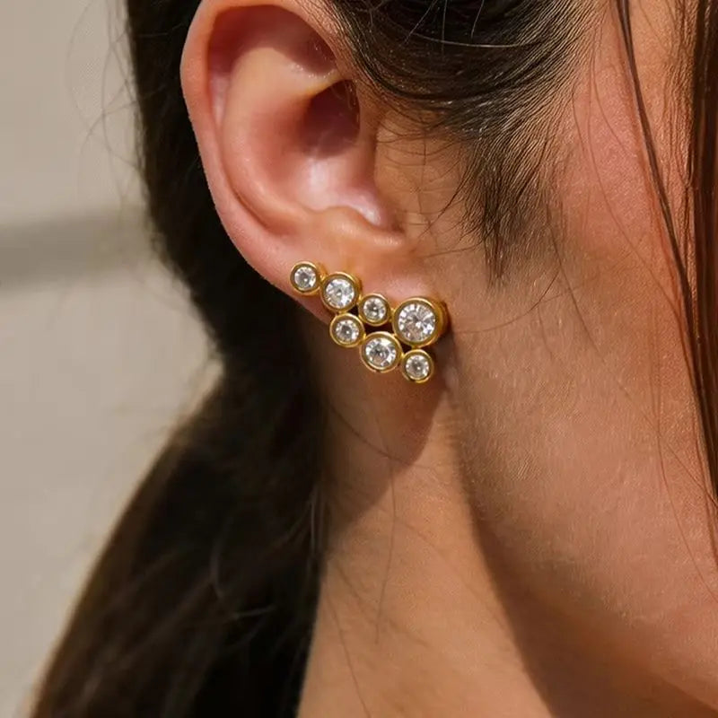 Kika Round Zircon Geometric Stud Earrings Gold PVD Plated Stainless Steel 316L
