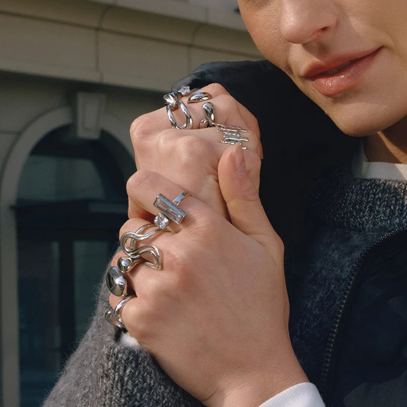 Kika Geometry Steel-Colored Open Ring With Zircon