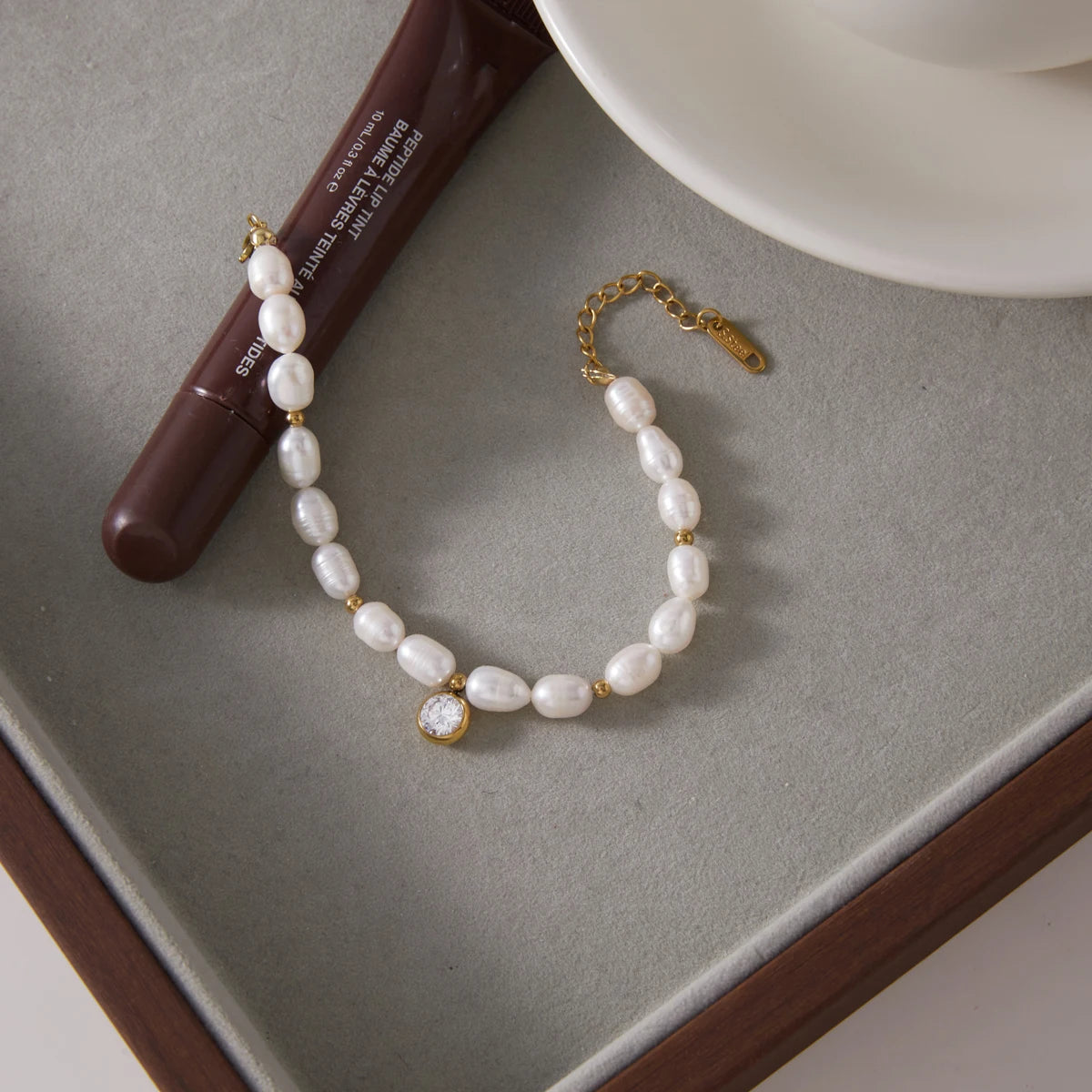 Kika Elegant Freshwater Pearl Chain Round Zircon Charm Bracelet