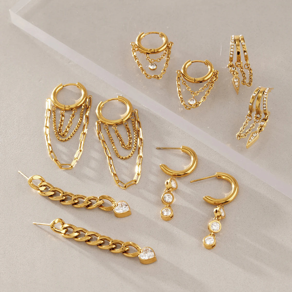 Kika Delicate Zircon Earrings Minimalist 18K Gold PVD Plated Stainless Steel Chains 316L