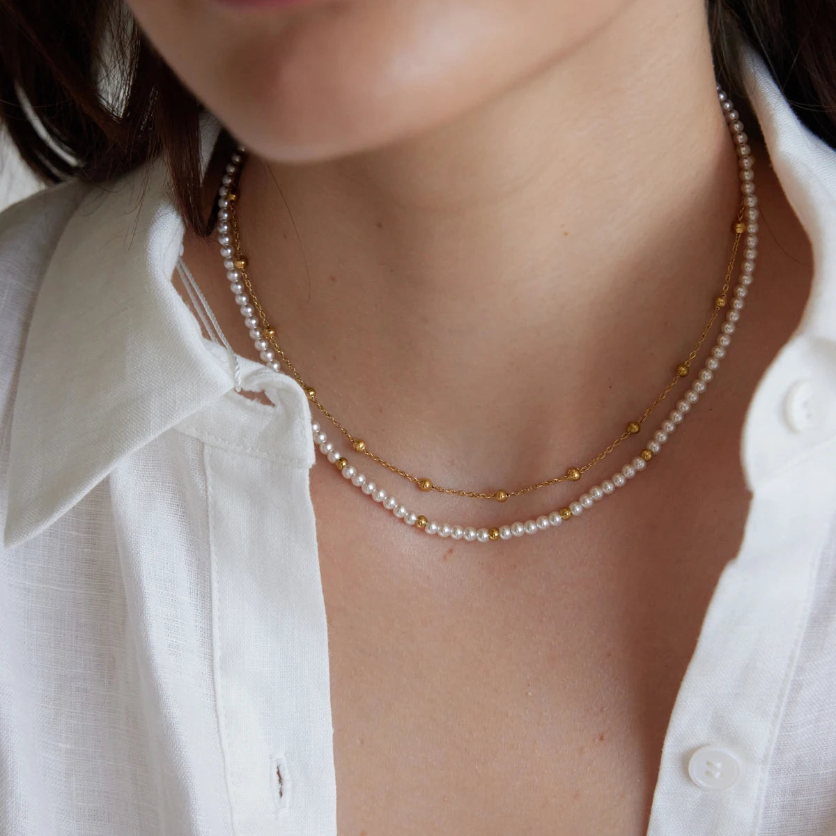 KIKA Red Agate Stone Imitation Pearl Beaded Necklace 18K Gold Plated Stainless Steel 316L