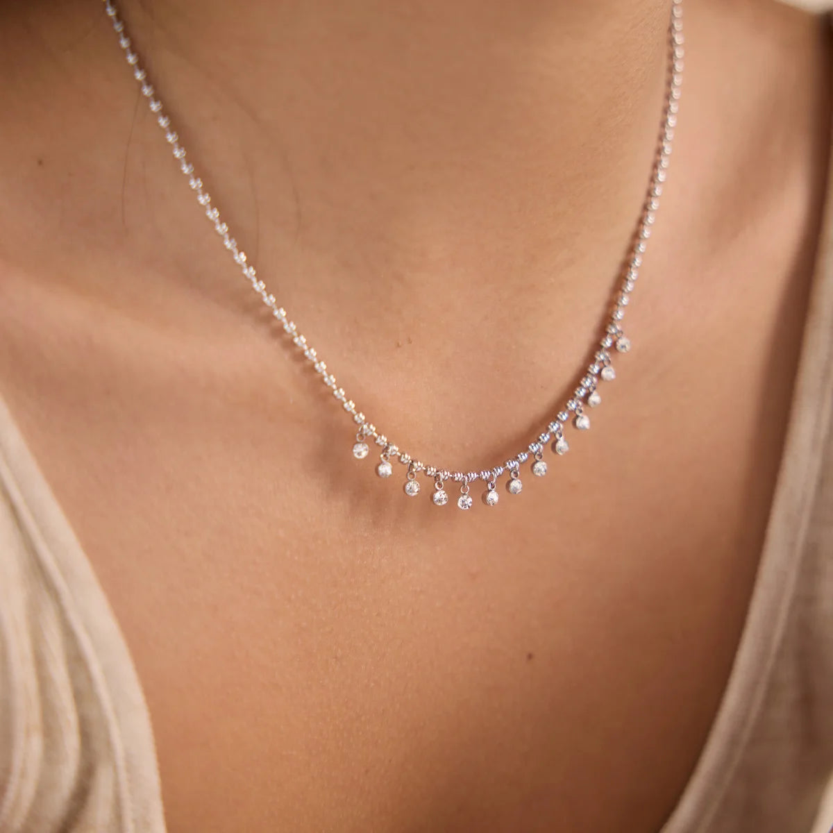 Kika Delicate Steel Color Paperclip Chain With White Zircons Necklaces