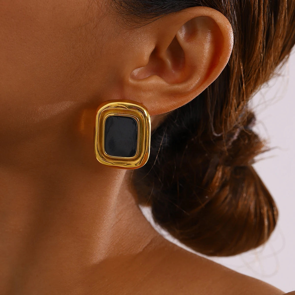 Black Stone Earrings Statement Golden Metal