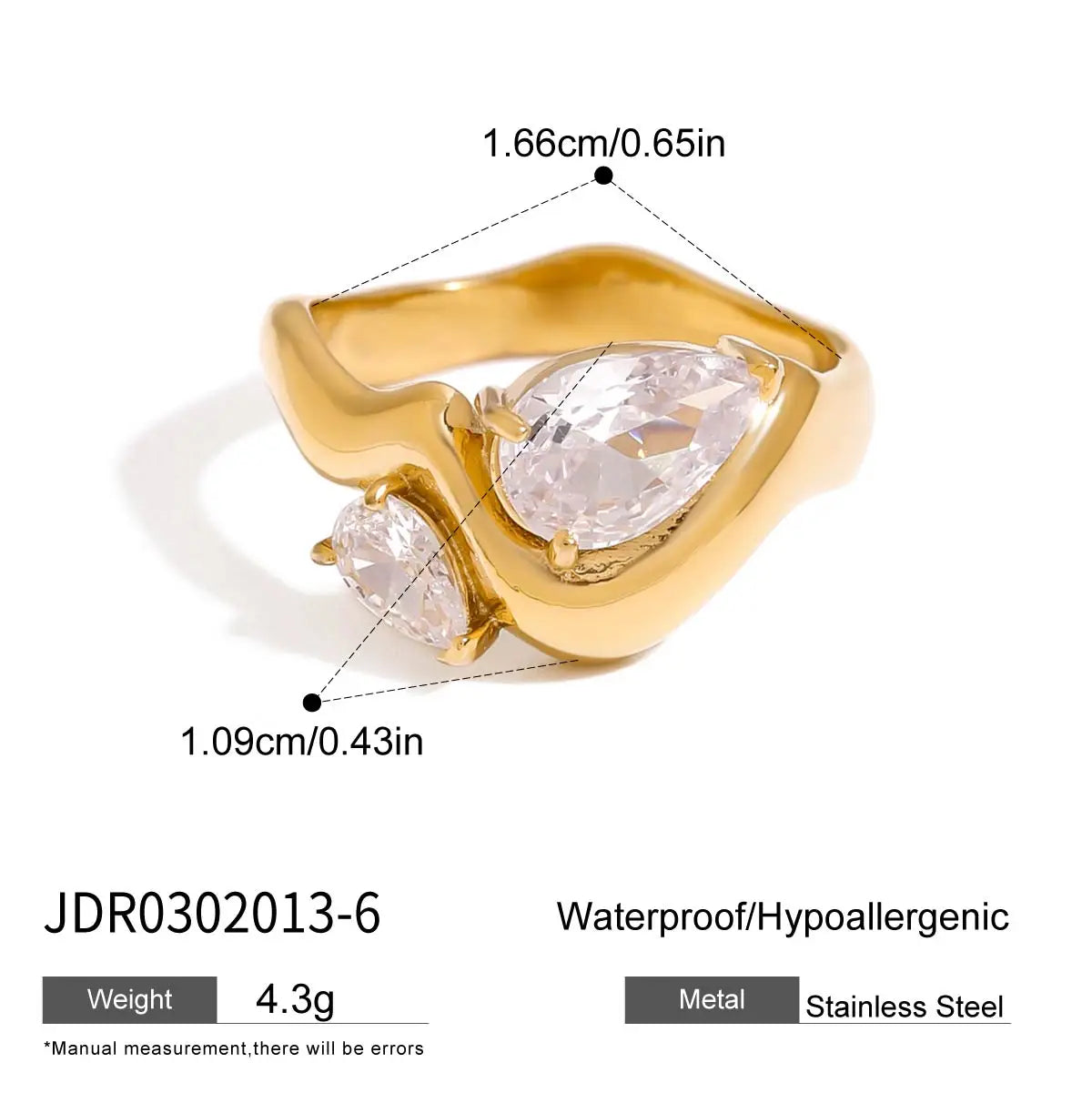KIKA Classic style  white zircon inlaid stone ring Stainless Steel 316L Gold Color layering Rings