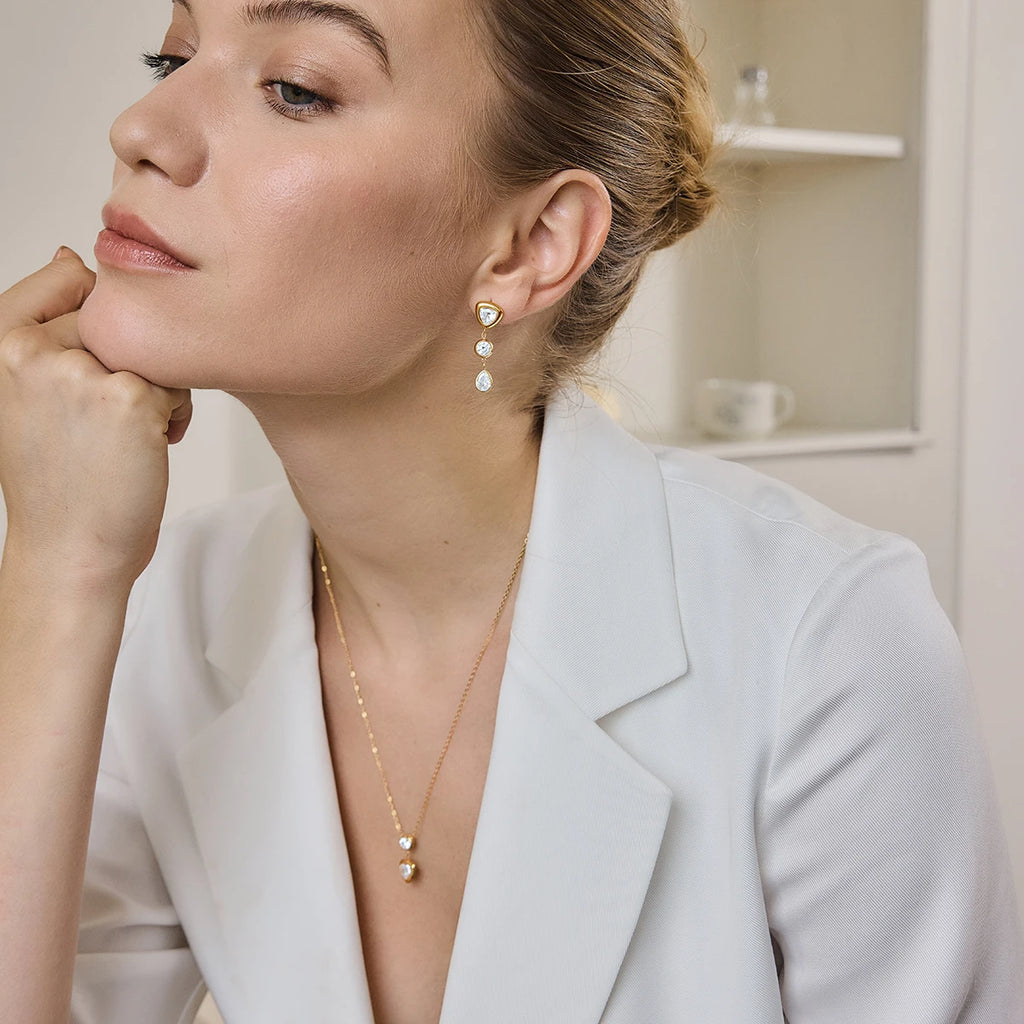 KIKA Elegant Geometric Zircon Pendant Necklace Earrings For Women Minimalist 18K Gold PVD Plated Stainless Steel 316L