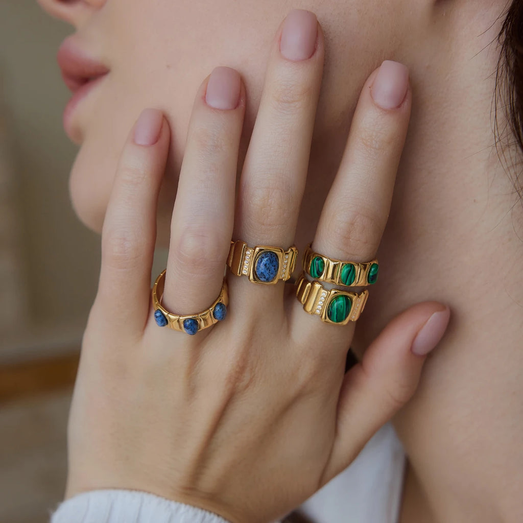 KIKA Lapis Lazuli Malachite Natural Stone Open Rings For Women 18K Gold PVD Plated Stainless Steel Rings Fashion Jewelry Gift