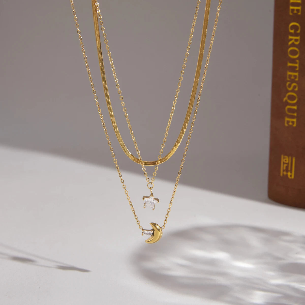 Kika Delicate Square White Zircon Moon Star Pendant With Three Layers Chain Necklaces