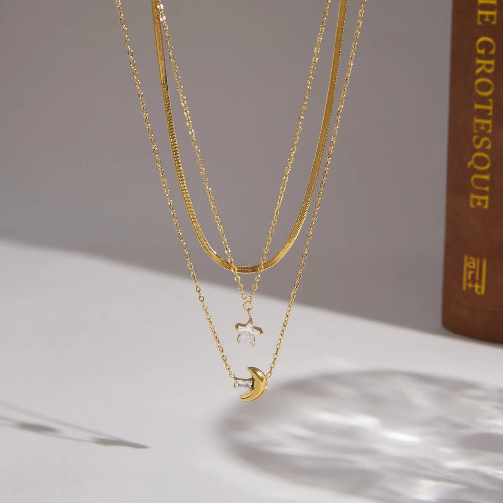 Kika Delicate Square White Zircon Moon Star Pendant With Three Layers Chain Necklaces