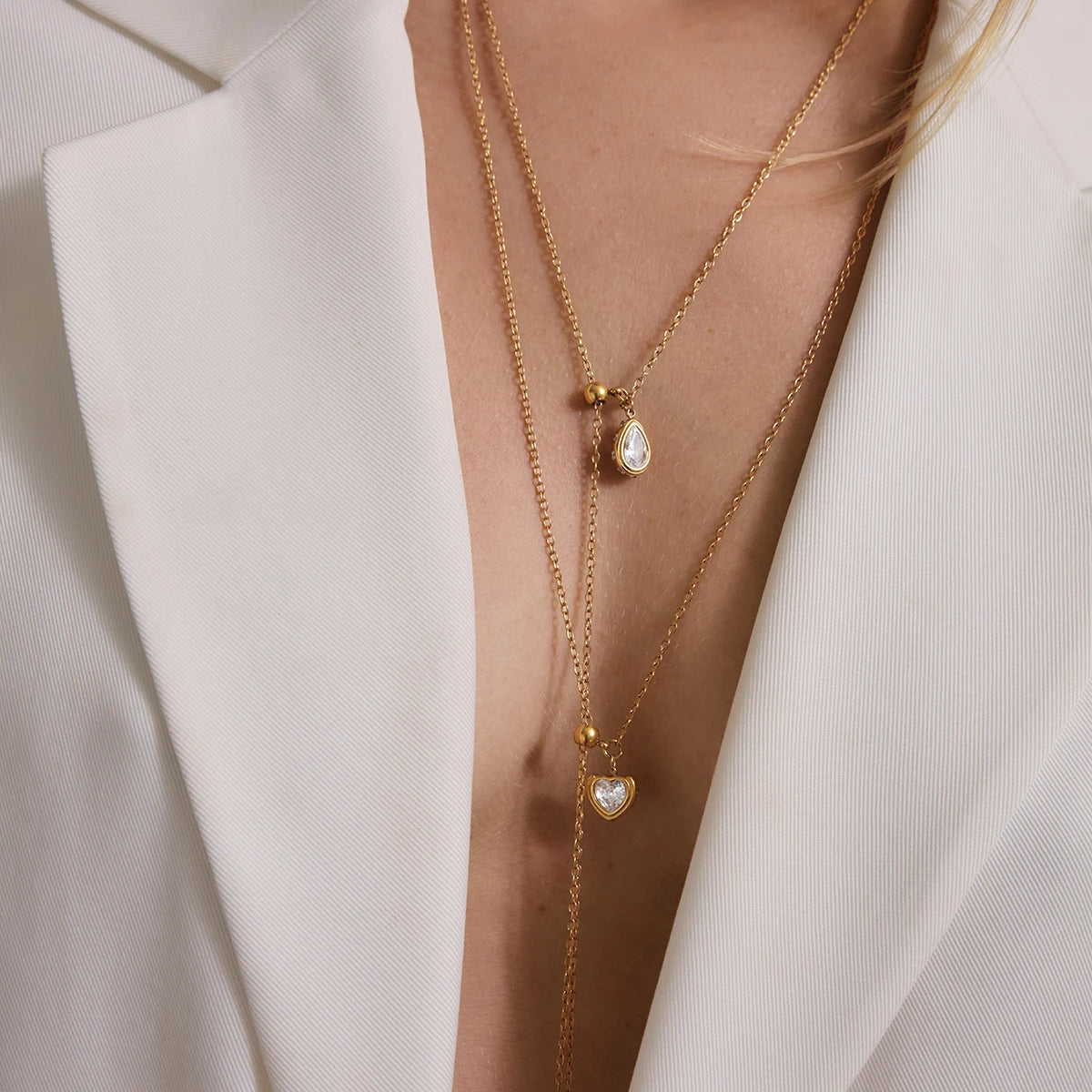 KIKA Geometric Zircon Pendant Necklace For Women Adjustable 70cm Long Chain 18K Gold PVD Plated Stainless Steel 316L