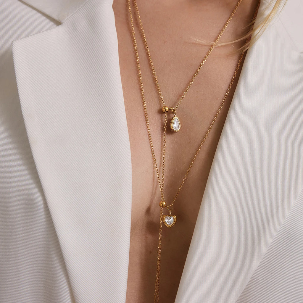 KIKA Geometric Zircon Pendant Necklace For Women Adjustable 70cm Long Chain 18K Gold PVD Plated Stainless Steel 316L