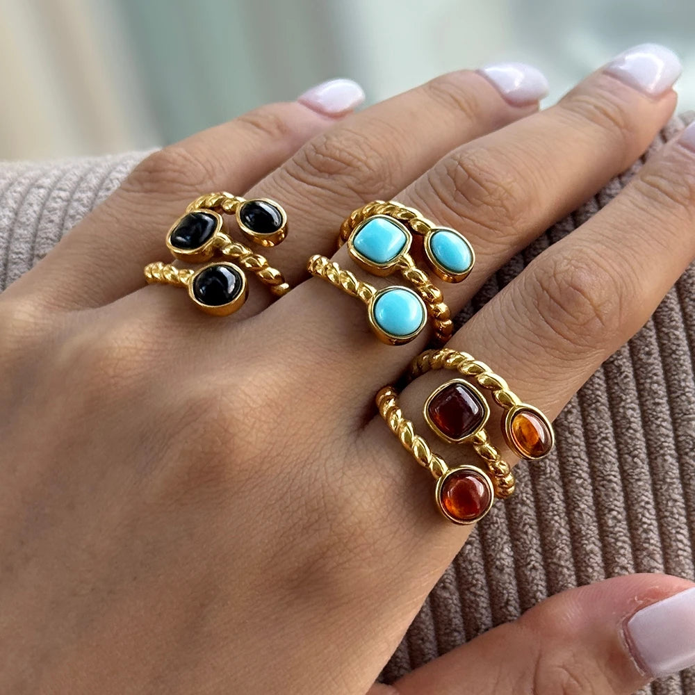 KIKA Vintage Resin Rings For Women Multilayer 18K Gold PVD Plated Stainless Steel 316L Twisted Open Rings Fashion Jewelry Gift