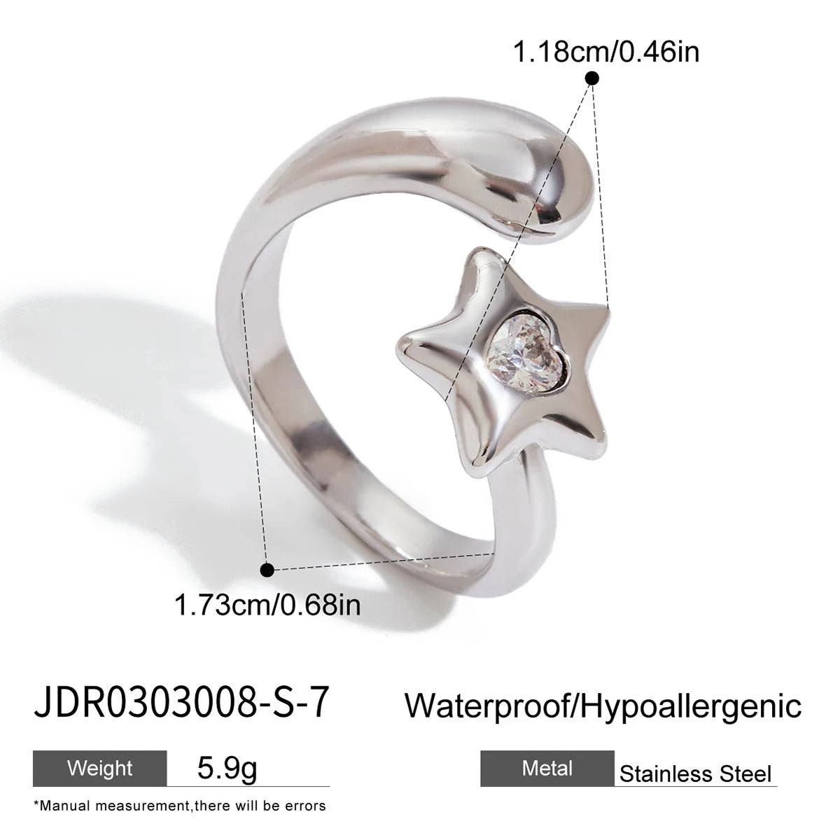Kika Designer's 18K Gold Color Plated Stainless Steel Heart-Shaped Rhinestone Pentagram Ring