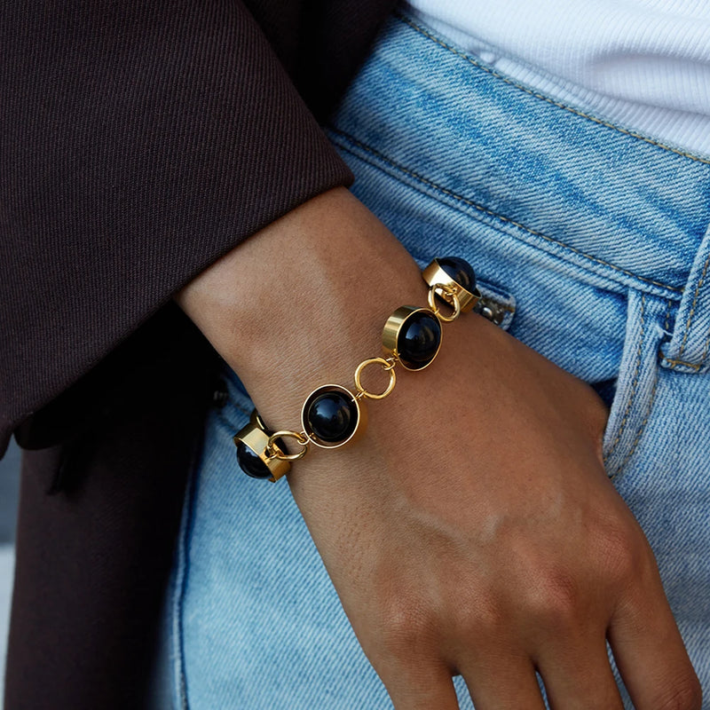 Kika Vintage Fashion 18K Gold Color Plated Black Glass Bead Rotatable OT Buckle Bracelets Waterproof Stainless Steel Jewelry