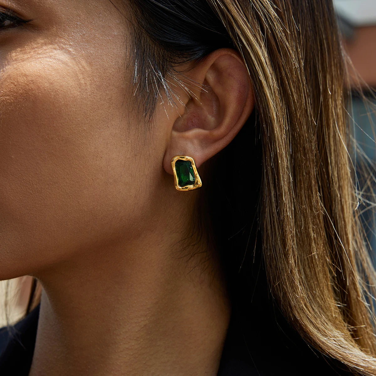 KIKA Minimalist Classic PVD Plated Inlay Zircon Square Irregular Earrings Hypoallergenic Stainless Steel 316L