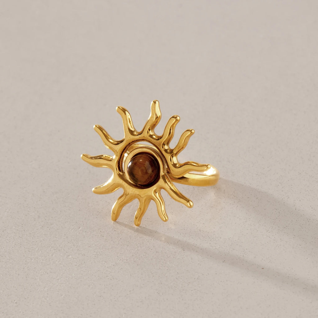 KIKA Vintage Tiger Eye Stone Sprial Sun Open Rings For Women 18K Gold PVD Plated Stainless Steel 316L