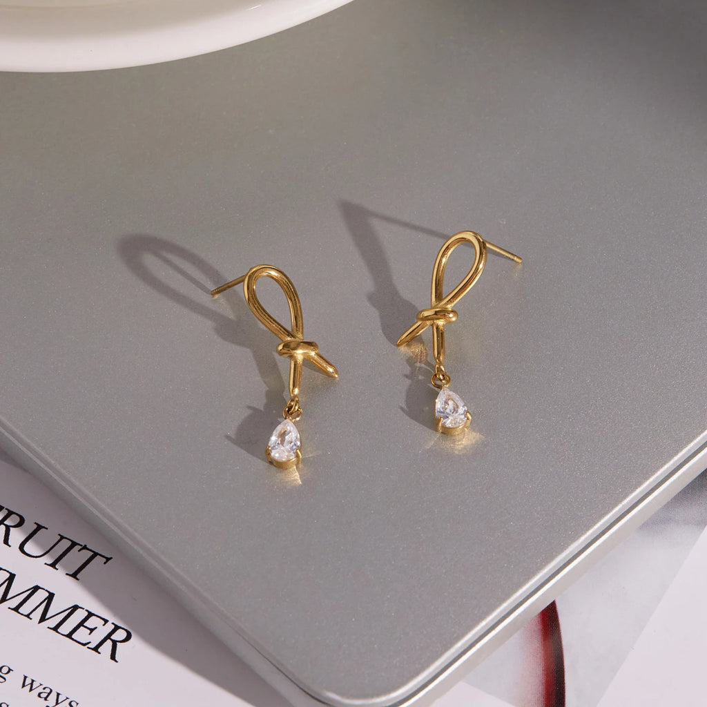 KIKA Water Drop Zircon Pendant Knotted Earrings Minimalist 18K Gold Plated Stainless Steel 316L