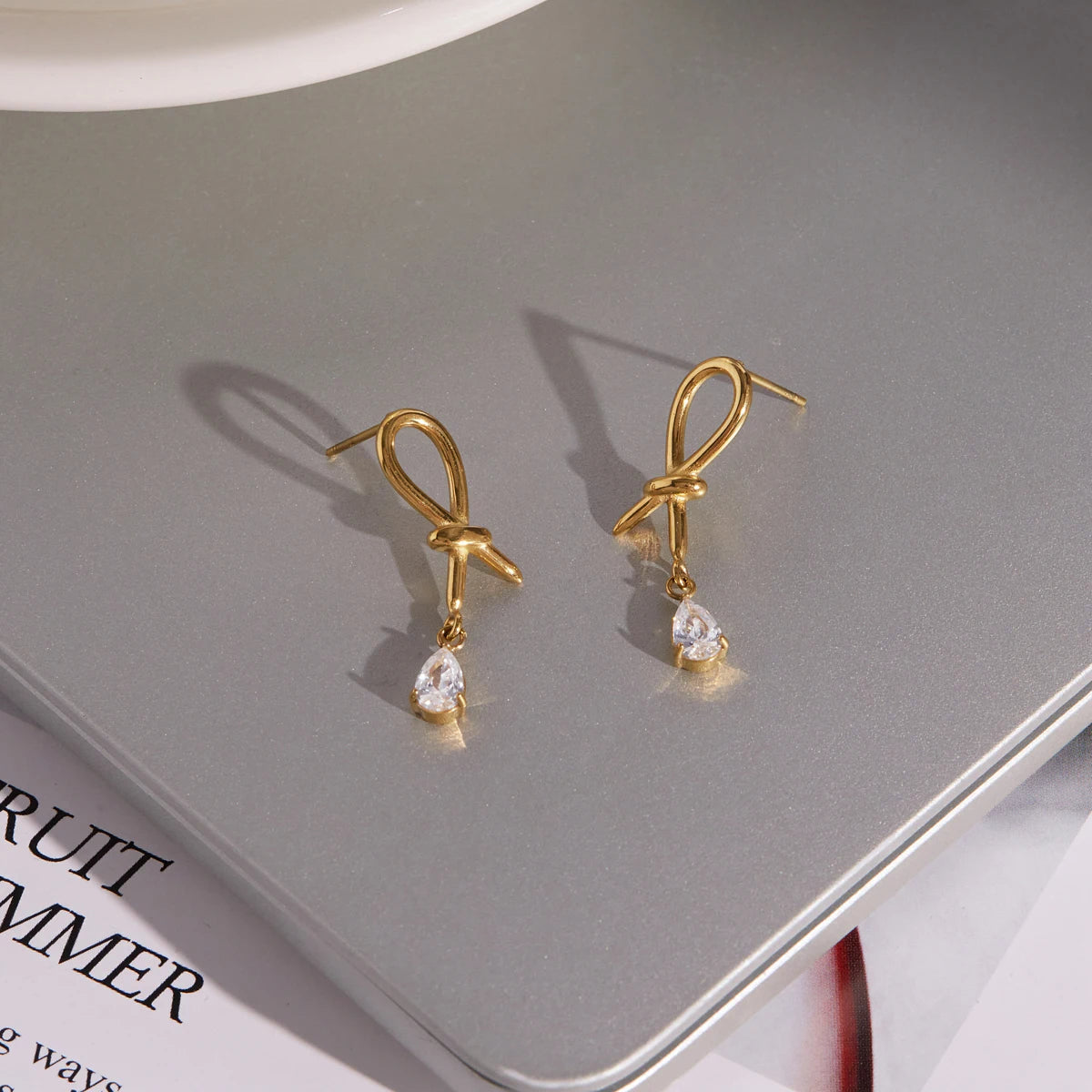 KIKA Water Drop Zircon Pendant Knotted Earrings Minimalist 18K Gold Plated Stainless Steel 316L
