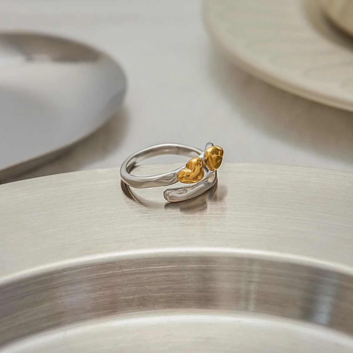 Minimalist Stainless Steel Two tone Line Heart Shaped Ring