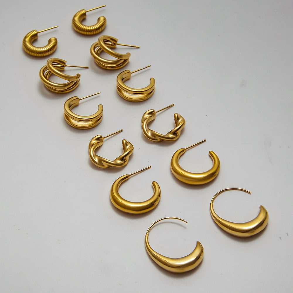 KIKA Minimalist Classic 18K Gold Color PVD  Plated Stainless Steel 316L C-Shaped Earrings Hypoallergenic Waterproof