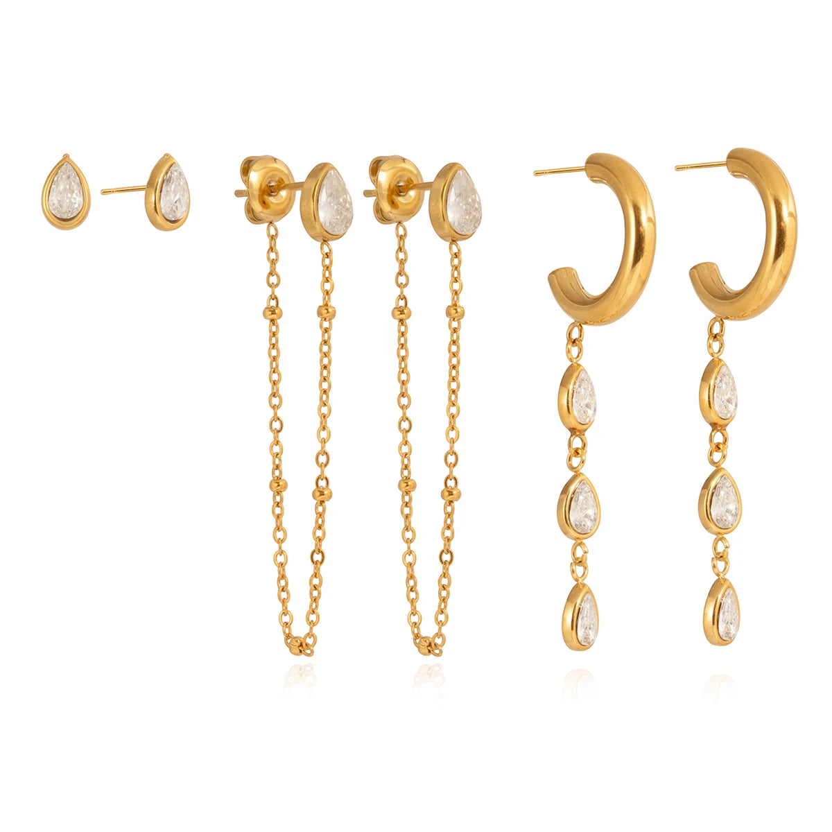 3 Pairs Geometric Water Droplet Rhinestone Earrings