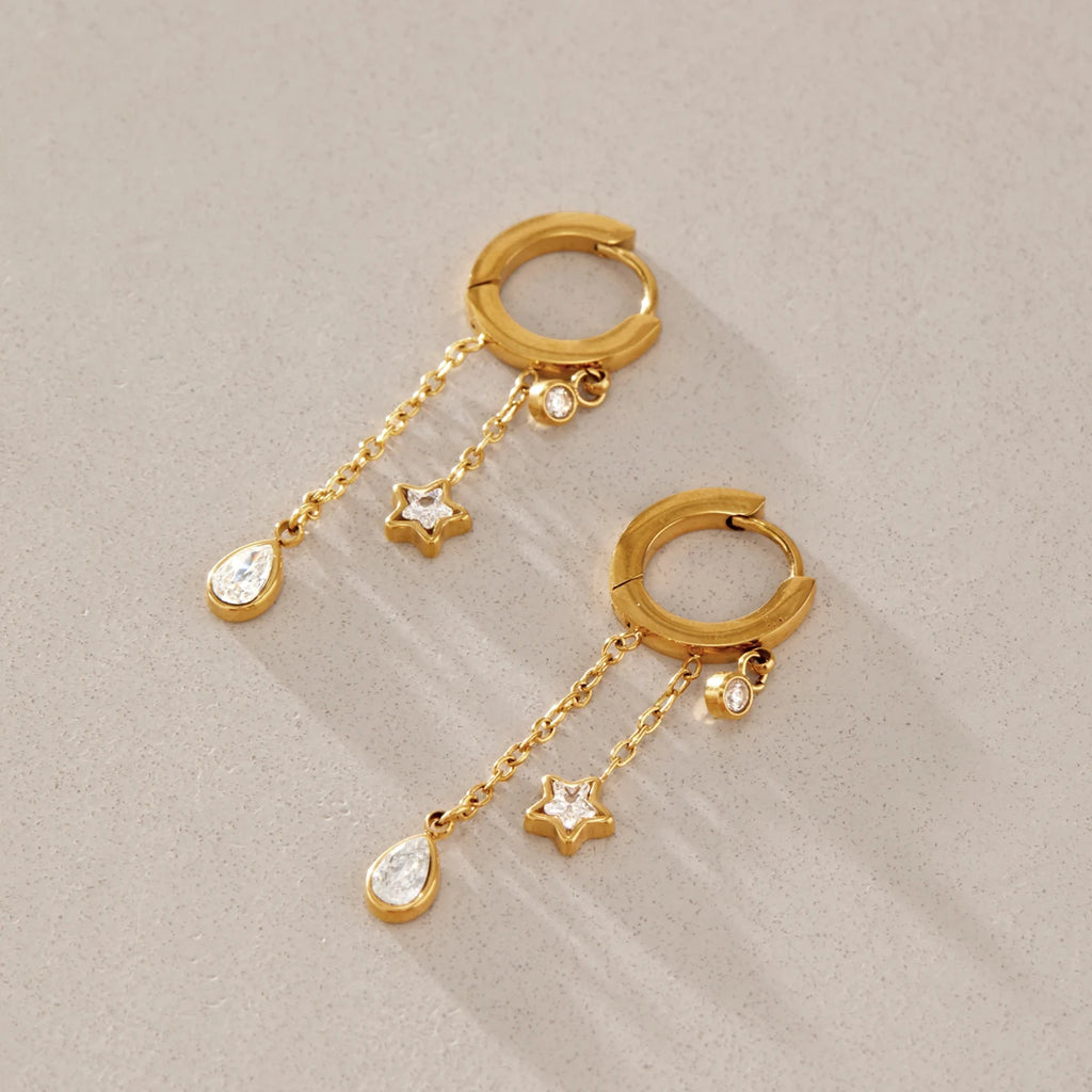 KIKA Round Star Water Drop Zircon Earrings  18K Gold Plated Stainless Steel 316L