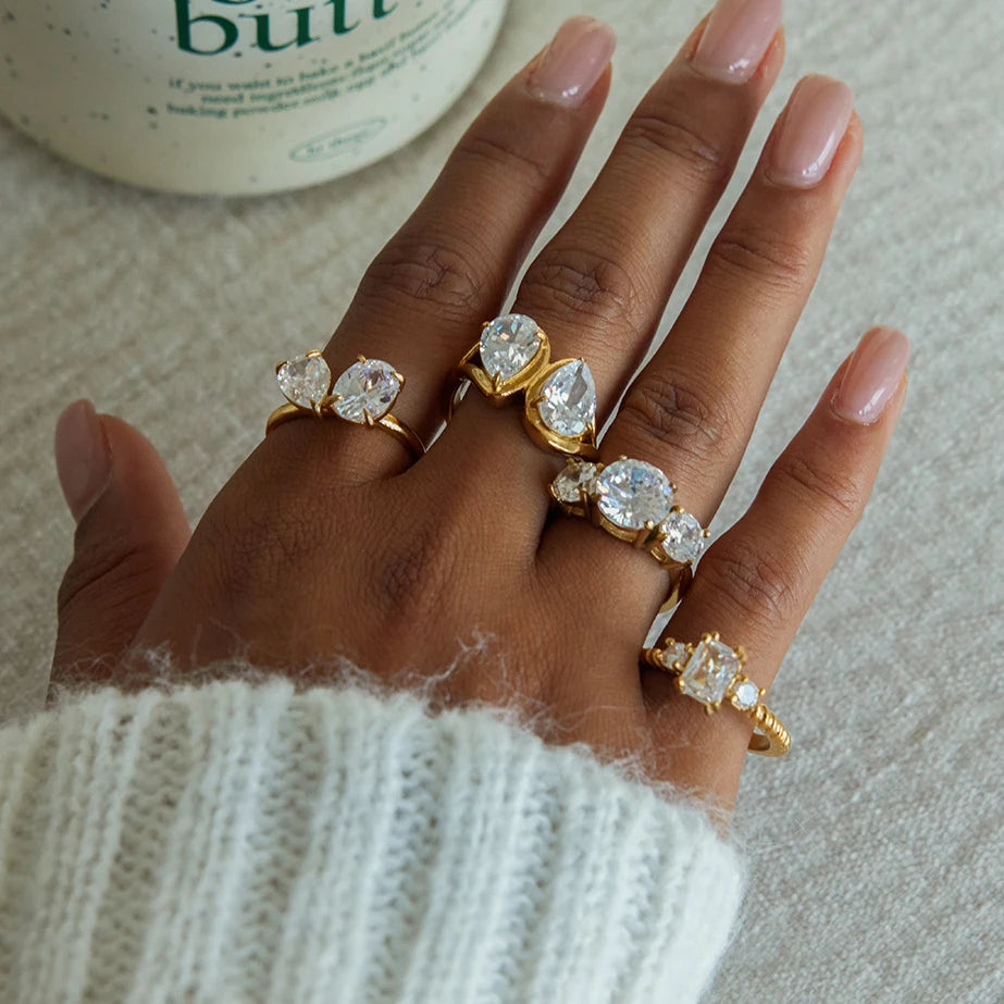 KIKA Classic MInimalist 18k Gold Color PVD Plated Droplet Shaped Large White Zircon Rings Waterproof  Stainless Steel 316L