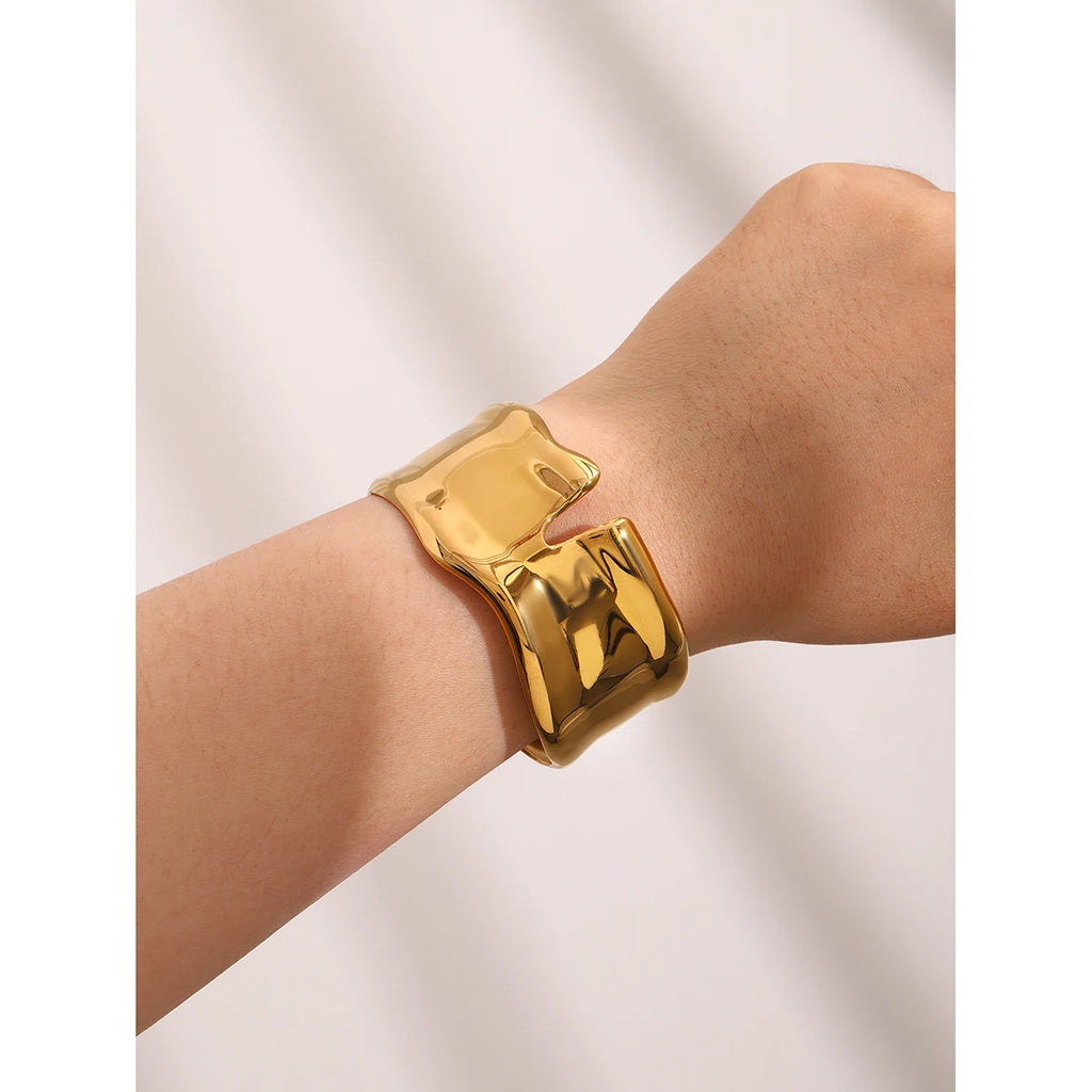 Kika Waterproof 18K Gold Color Stainless Steel Irregular Geometric Open Cuff Bracelet Bangle