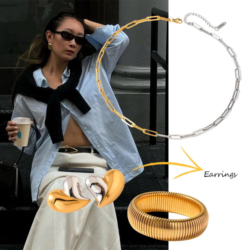 Kika 4pcs Two tone Love Earrings Texture Bracelet Color blocked Necklace Chain Women's Jewelry Gift for Her