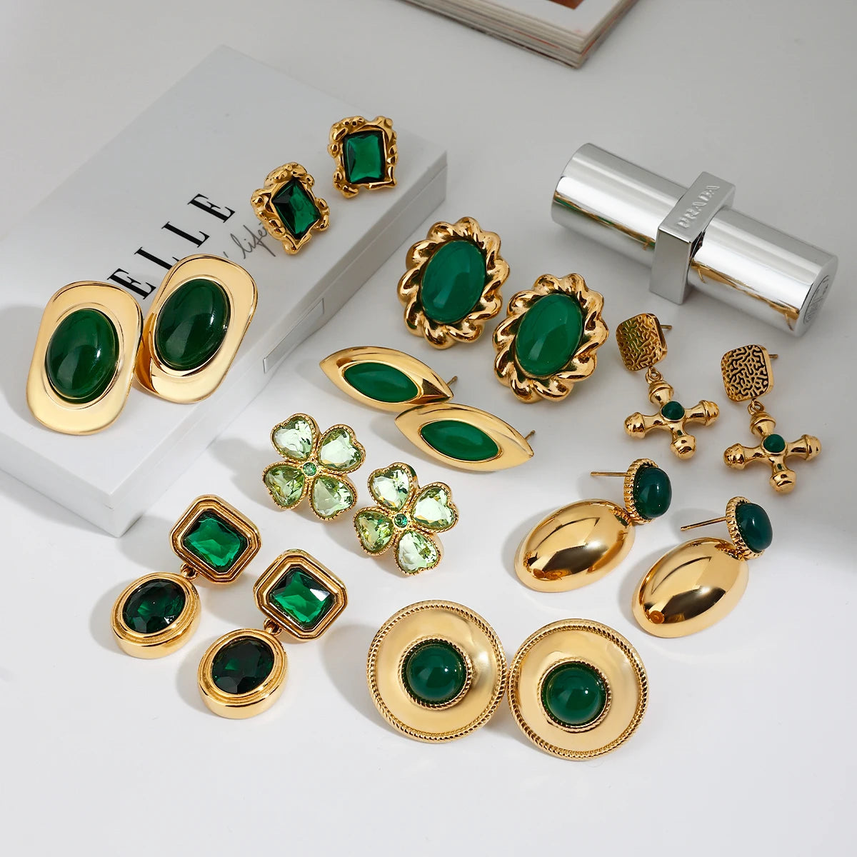 Kika Retro 18K Gold Color Stainless Steel Green Zircon Geometric Earrings