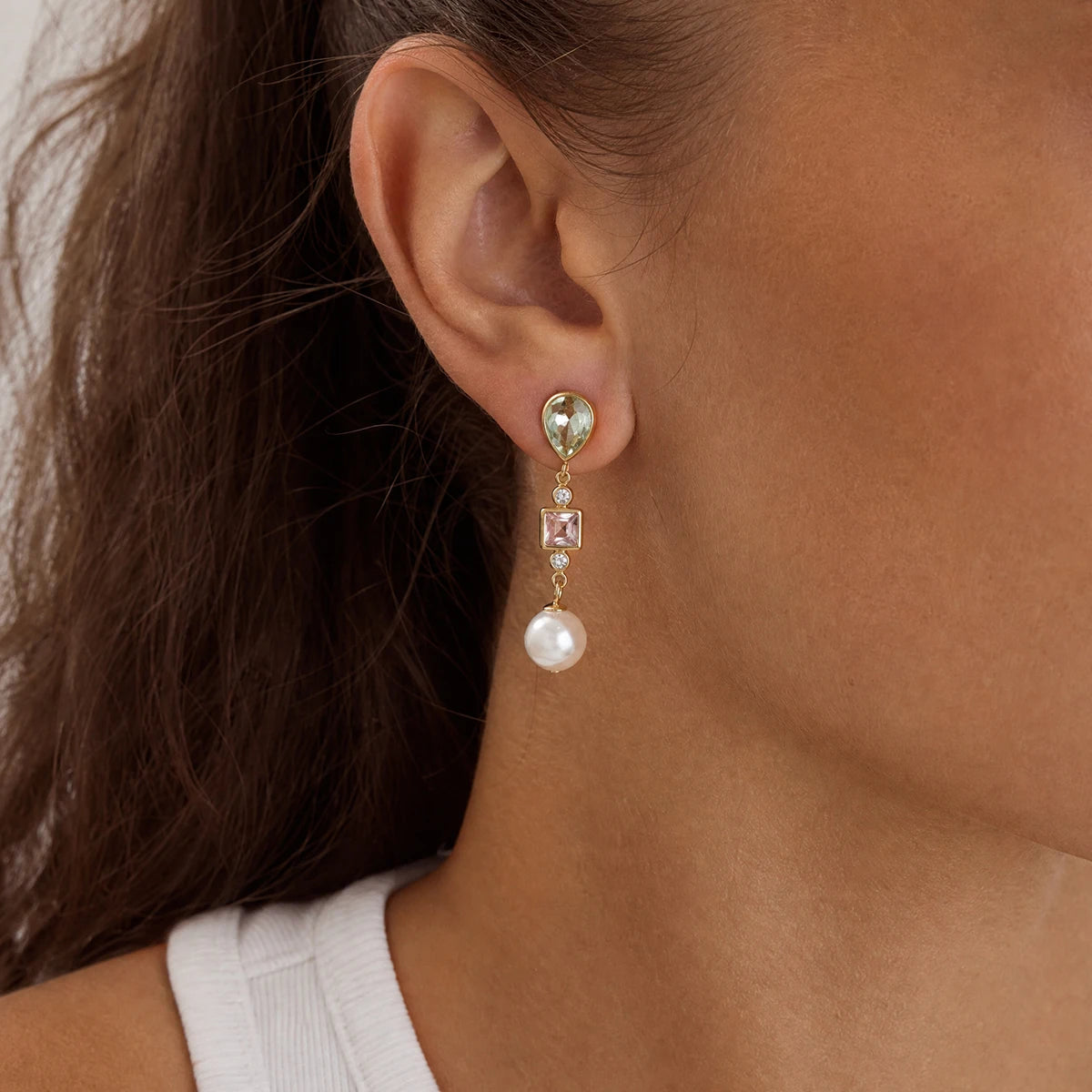 Kika Elegant Imitation Pearl Crystal Drop Earrings For Women 18K Gold PVD Plated Stainless Steel 316L