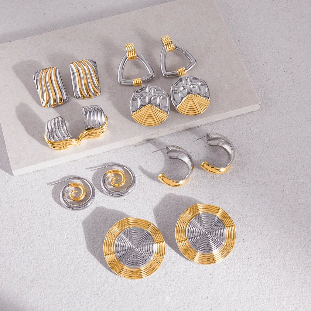 Minimalist Two tone Stainless Steel Thread Irregular Round Earrings