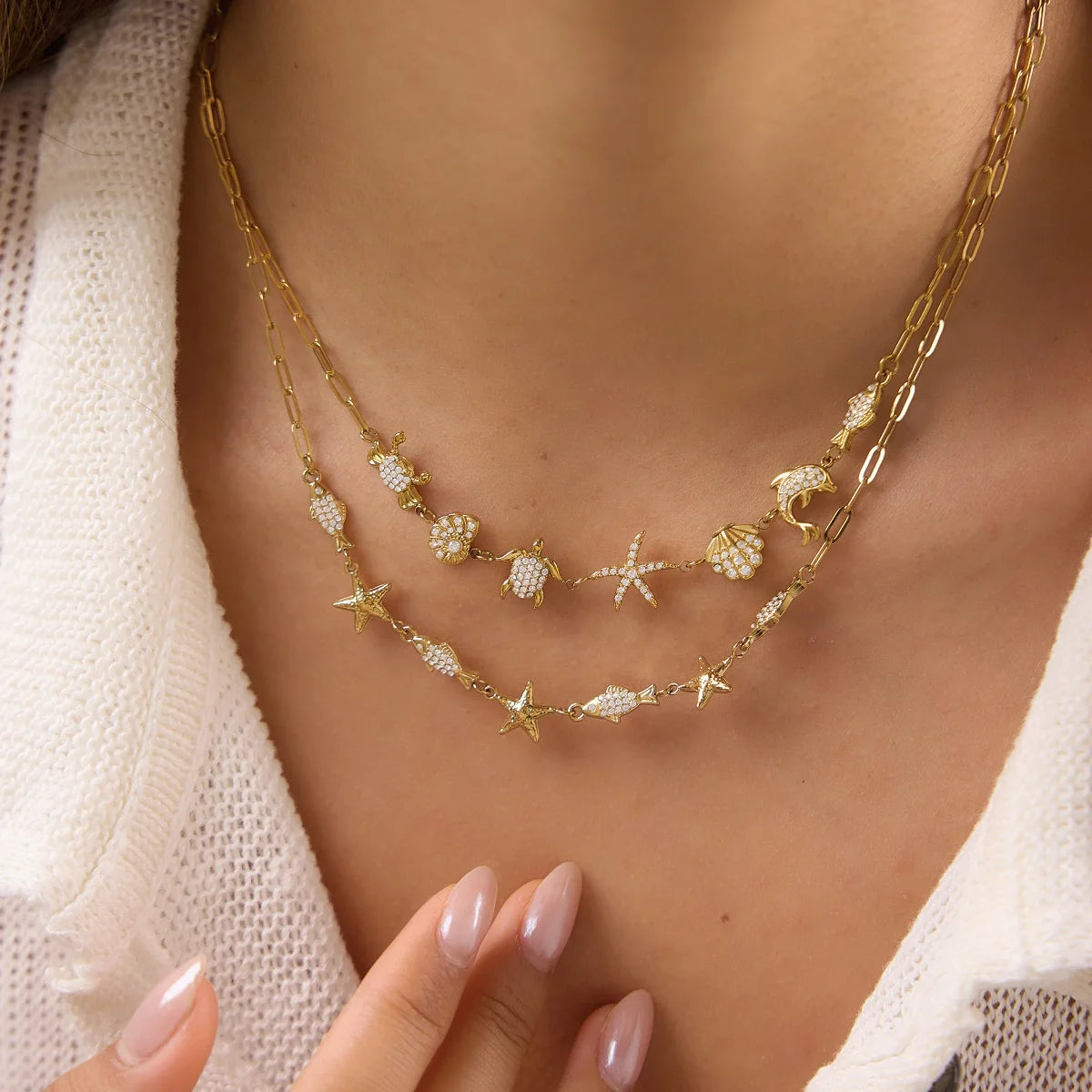 Kika White Rhinestone Crab Conch Starfish Paperclip Necklaces