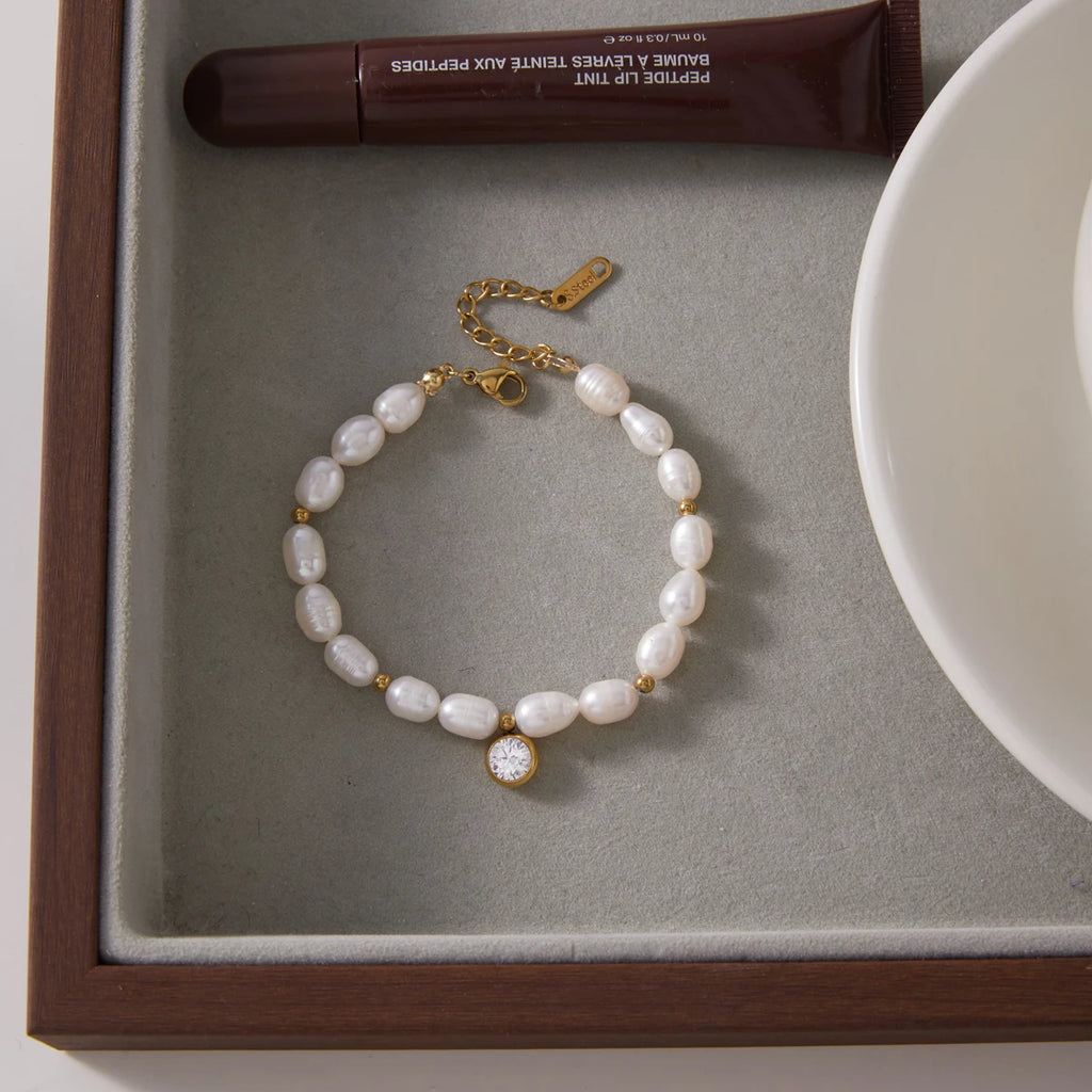 Kika Elegant Freshwater Pearl Chain Round Zircon Charm Bracelet